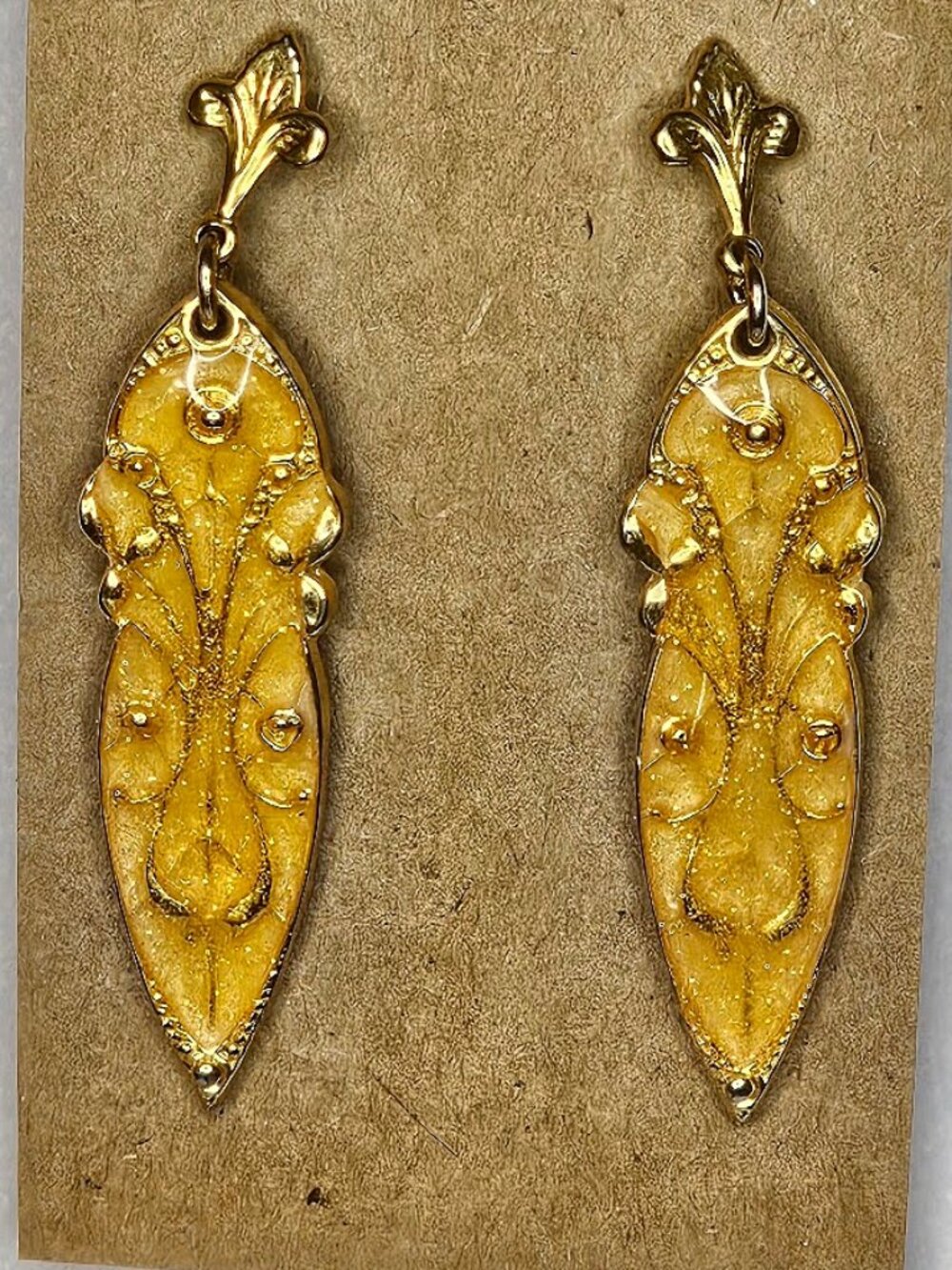 Vintage Two Sisters Gold Yellow Enamel Leaf Drop Earrings